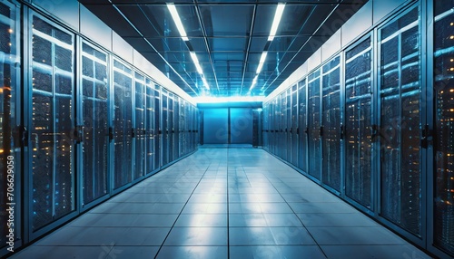 futuristic data center with blue illuminated server racks