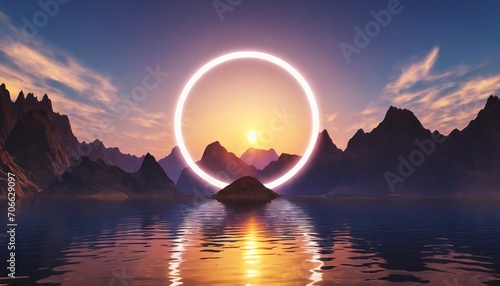 3d render abstract wallpaper with sunset or sunrise and round geometric shape mystic landscape with mountains water and glowing neon ring