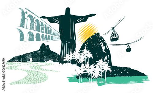 Stylized vector illustration of composition with sights of the city of Rio de Janeiro, Brazil.