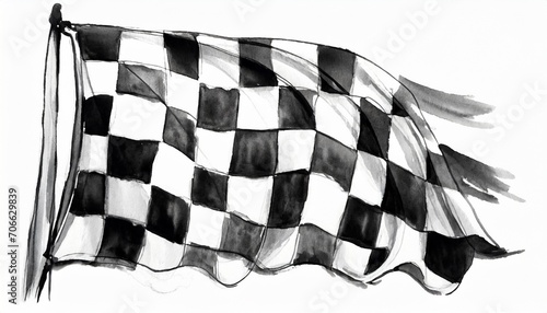 closeup of art brush watercolor painting checkered black and white racing flag blown in the wind isolated on white