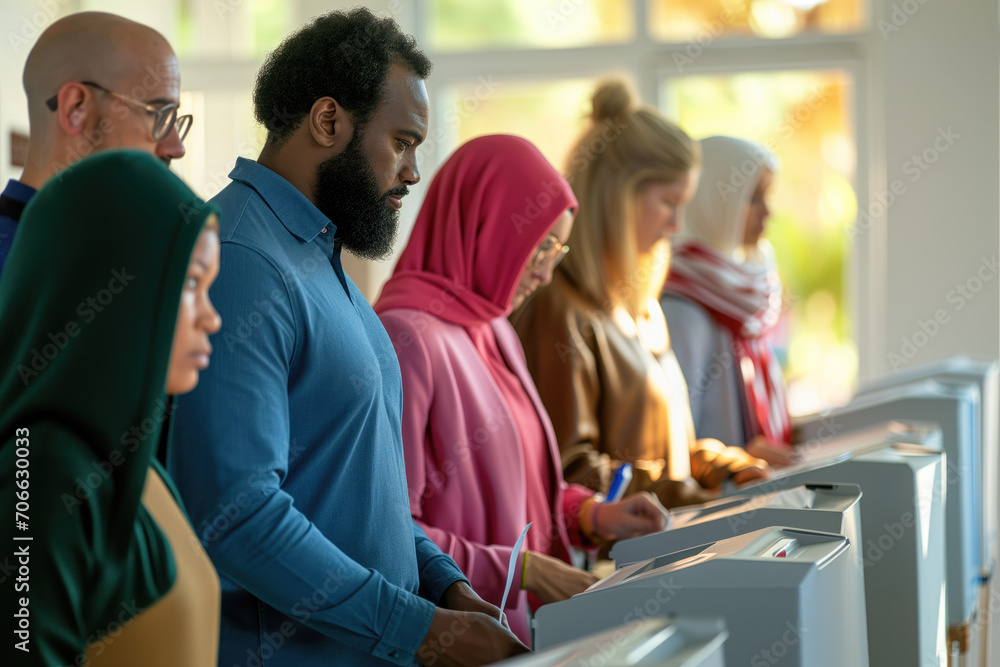 Group of diverse American citizens voting at polling station during USA presidential elections Group of diverse American citizens voting at polling station during USA presidential elections