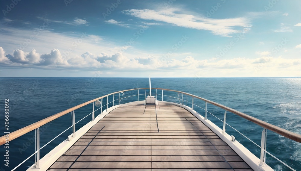 open view of a boat deck and the ocean in the style of photorealistic landscapes streamline elegance