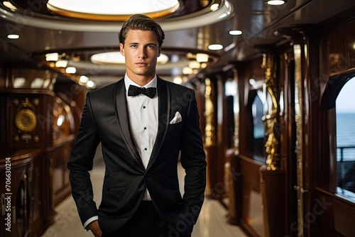 Male model showcasing a formal tuxedo Against the elegant interior of a luxury yacht
