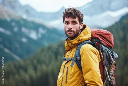Male model showcasing outdoor adventure gear Ready for a mountain expedition