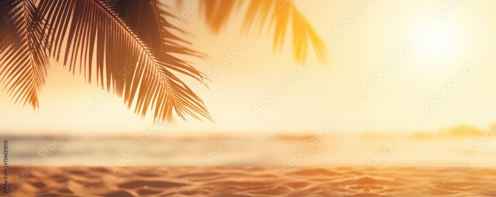 Coco palm tree on tropical paradise sandy beach with blue sky and clear sea. Seascape, blue ocean in sunny day. Summer vacation and travel concept. Nature background for card, banner, flyer - obrazy, fototapety, plakaty 