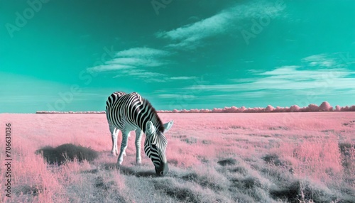 an infrared photograph of a zebra in a pink field in the style of daz3d light gray and light aquamarine nature photo