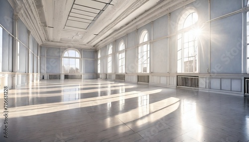 empty classical dance hall with mirror sunlight from windows ballet class © Irene