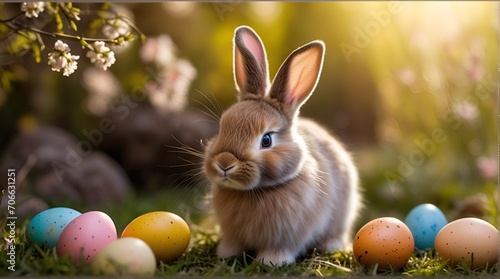 a cute bunny with easter eggs in an spring park, space for text