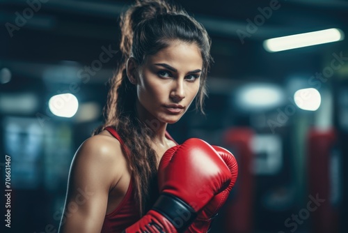 Portrait of a woman boxer ready to fight in ring