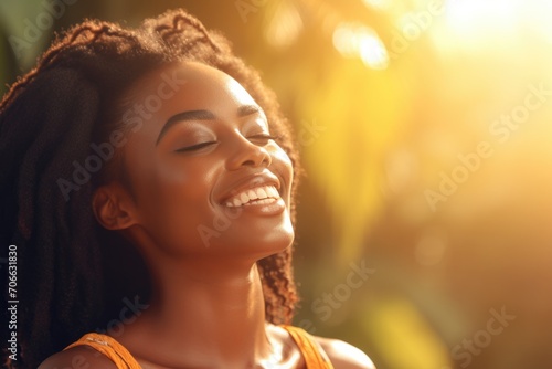 Serene young woman with afro hair in golden sunlight