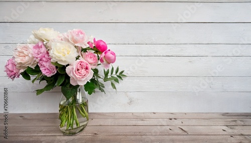 flowers in a vase peonies and roses soft pastel color on wooden background beautiful composition valentine s day easter birthday happy women s day mother s day view copy space