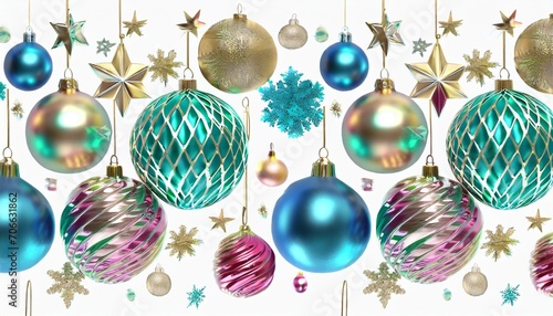 3d render new year and christmas holiday ornaments blue green pink and gold glass balls golden stars metallic snowflakes isolated on white background flying glossy objects