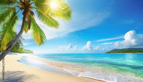 tropical island paradise beach nature blue sea wave ocean water green coconut palm tree leaves yellow sand sun sky white clouds beautiful caribbean landscape summer holidays vacation travel © Irene