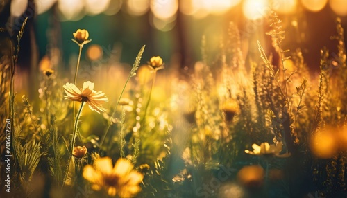 abstract soft focus sunset field landscape of yellow flowers and grass meadow warm golden hour sunset sunrise time tranquil spring summer nature closeup and blurred forest background idyllic nature © Irene