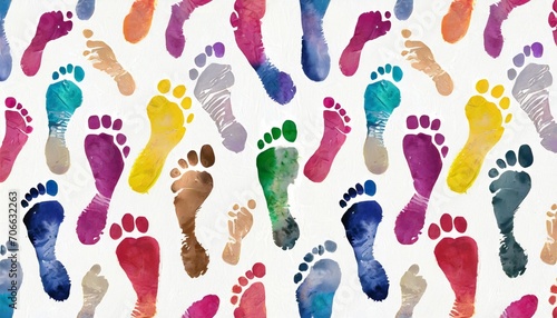 cross ways colorful human footprints white background isolated multicolor watercolor barefoot footsteps pattern chaotic foot print walking paths bare feet routes chaos illustration crossing lines © Irene