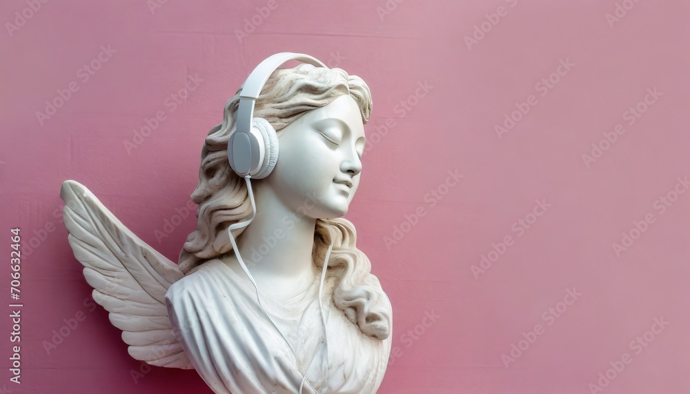 a white plaster or marble statue bust of a beautiful young woman with long wavy hair and headphones listening to music a classic figure isolated on a pink wall background like a muse or an angel
