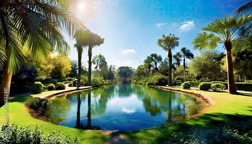 vintage image of gardens around lake with trees and palms