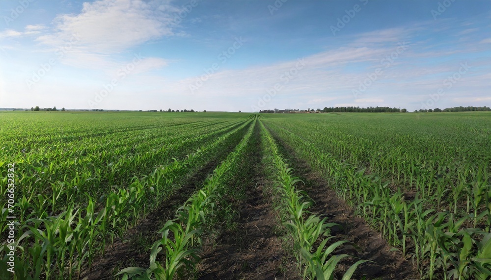 green rows of sprouted corn on a private agricultural field