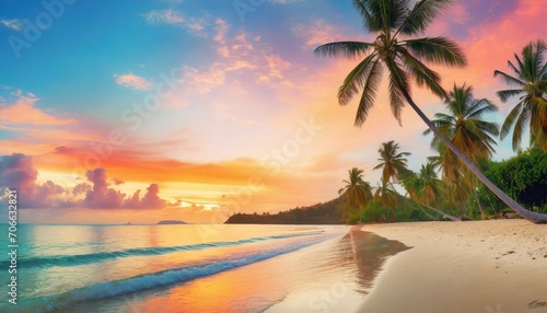amazing travel landscape beautiful panoramic sunset tropical paradise beach tranquil summer vacation or holiday tropical sunset beach seaside palm calm peace panorama exotic nature colorful sea sky © Irene