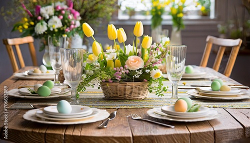 A rustic table featuring a beautiful floral centerpiece and place settings ready for an Easter luncheon