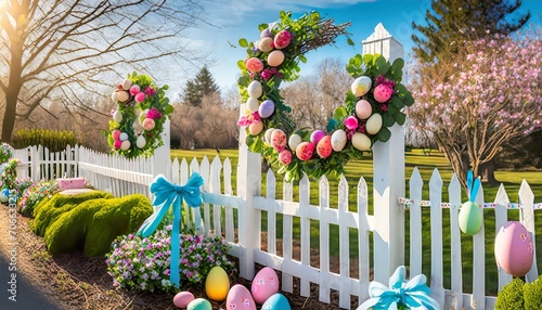 An idyllic spring scene with a white picket fence adorned with wreaths, bows and oversized colorful eggs photo