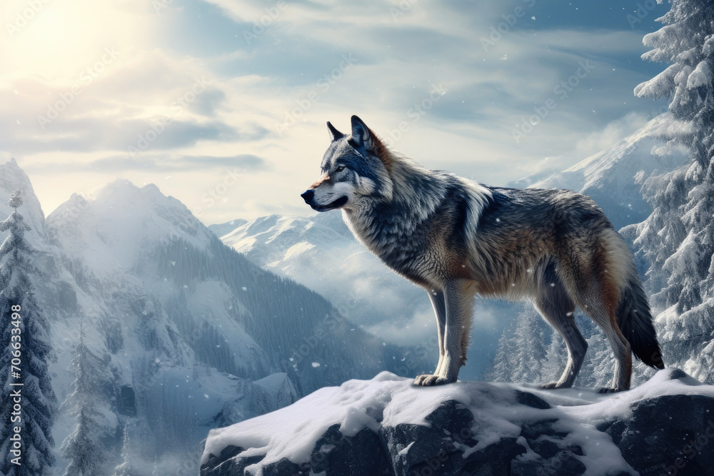 Frosty Wilderness: Wolf Amongst Fir Trees Frosty Wilderness: Wolf Amongst Fir Trees