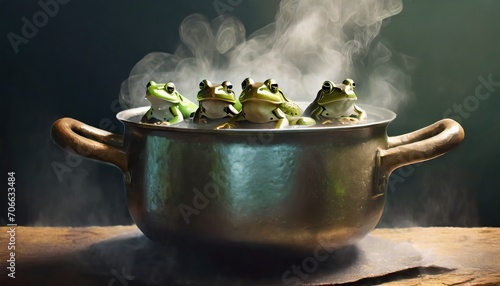 a group of calm frogs boiling in a pot with very hot water emitting steam to represent inactivity and passivity in the face of challenging social and political situations dark background