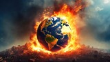 earth globe collapse burning destroyed by fire conceptual illustration of global warming caused by the excesses of the world of finance and industry generative ai