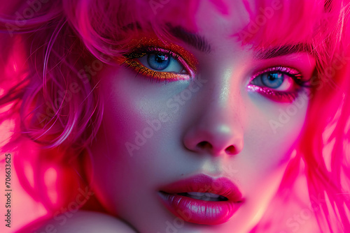 glamour portrait with high-impact makeup, bold colors, sculptural hairstyle, abstract background