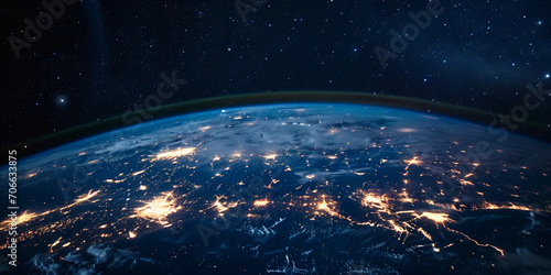 Communication satellite, Earth below with visible city lights of North America at night