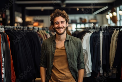 Portrait of a young man in the clothing store