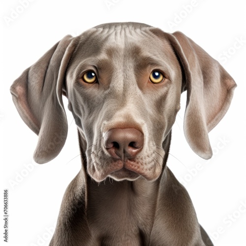 A detailed close-up portrait of a grey Weimaraner dog with a concentrated gaze.