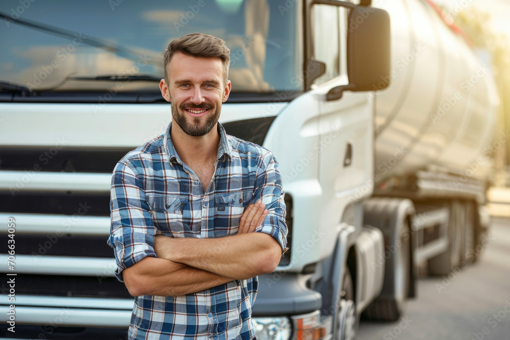 Happy Man in Front of Commercial Vehicle Happy Man in Front of Commercial Vehicle