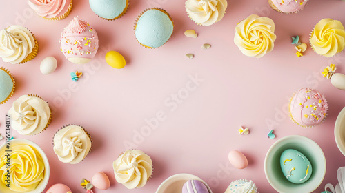 Easter sweets on pink background. Colorful cream cakes and sweets in the shape of Easter eggs. Conceptual symbols of Easter. Copy space.
