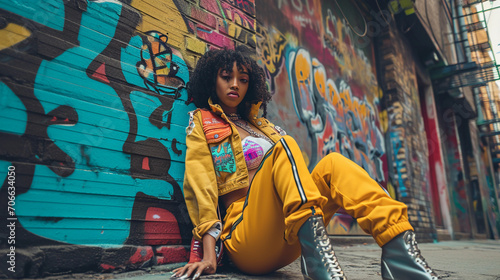 Edgy streetwear fashion portrait, graffiti background, bold colors, dynamic pose, urban setting