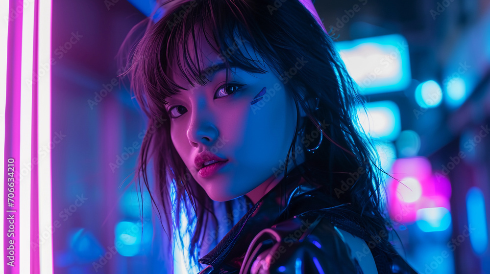 Fototapeta premium Futuristic fashion portrait, holographic materials, neon blue and pink lights, cyberpunk setting