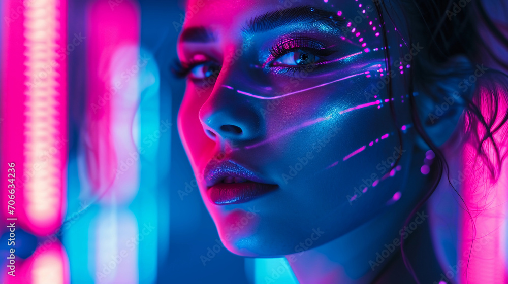 Futuristic fashion portrait, holographic materials, neon blue and pink lights, cyberpunk setting Futuristic fashion portrait, holographic materials, neon blue and pink lights, cyberpunk setting