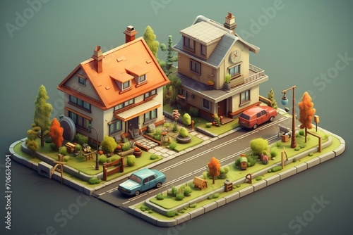 A peaceful residential area with houses and vehicles. Generative AI