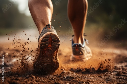 Close up legs of runner on muddy trail
