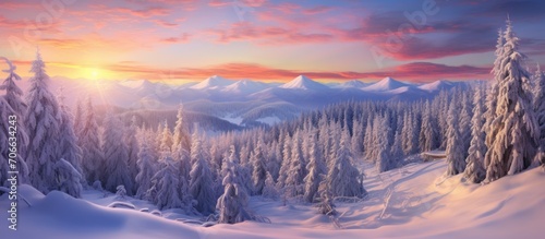 Mountain landscape transformed into magical kingdom on Christmas eve. Pristine white.