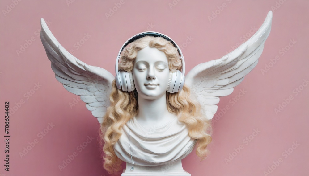 a white plaster or marble statue bust of a beautiful young woman with long wavy hair and headphones listening to music a classic figure isolated on a pink wall background like a muse or an angel - obrazy, fototapety, plakaty 