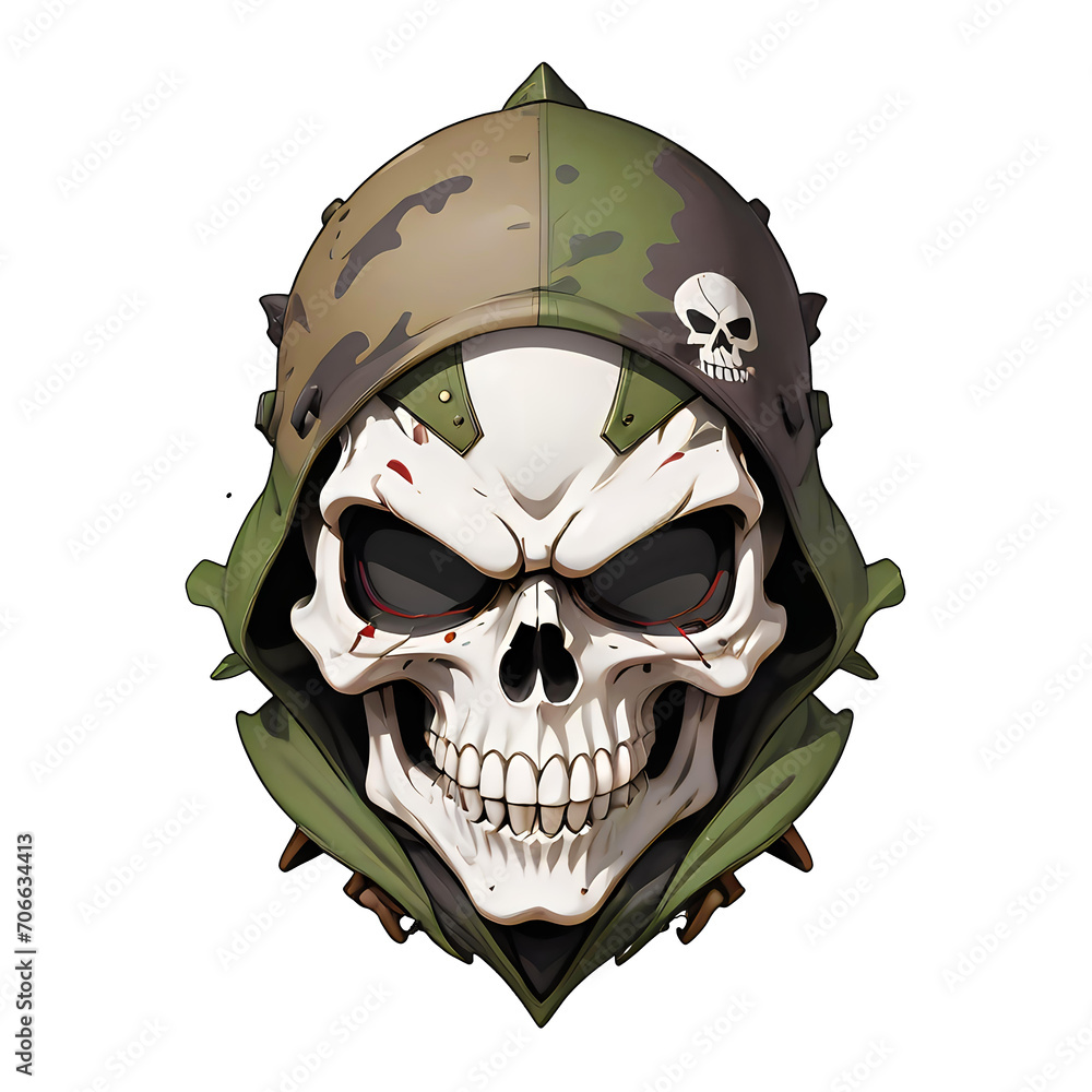 Fototapeta premium Veteran's Valor: Skull in Military Helmet Illustration. captures a skull donned in a camouflage military helmet, symbolizing bravery and remembrance. Ideal for veteran tribute, gaming, and edgy design
