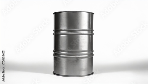 while round metal barrel on white background isolated close up oil drum steel keg tin canister aluminium cask petroleum storage packaging fuel container gasoline tank oil production industry photo