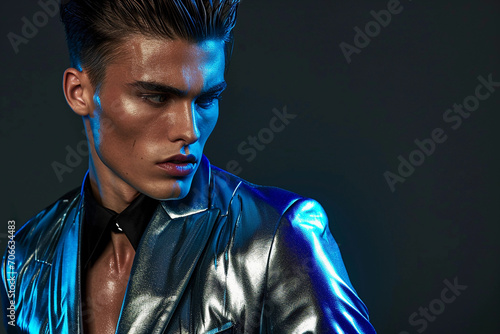 male model in a sleek, metallic suit, futuristic hairstyle, sharp angular features