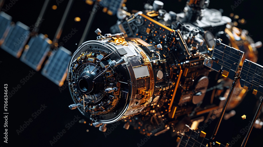 Fototapeta premium satellite’s sensors and technology, circuitry, isolated on black background