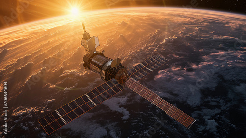 satellite, orbiting Earth at sunset, sleek design, metallic surface, solar panels fully extended photo