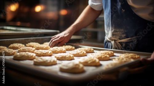 The warm glow of the oven light illuminates a tray of freshly baked cookies, ready to be enjoyed straight from the bakery. photo