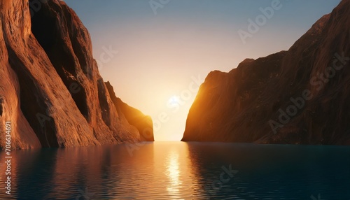 3d render futuristic landscape with cliffs and water modern minimal abstract background spiritual zen wallpaper with sunset or sunrise light © Irene
