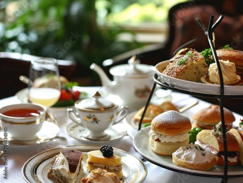 An elegant afternoon tea service with cakes, sandwiches, and pastries on a well-set table. photo