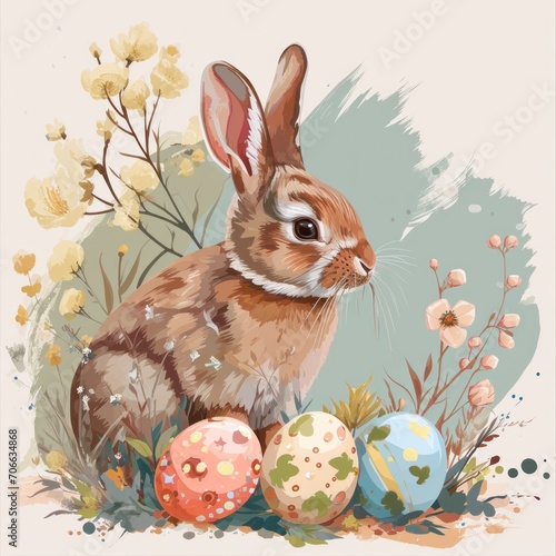 Charming illustration of a rabbit with decorated Easter eggs among spring flowers.